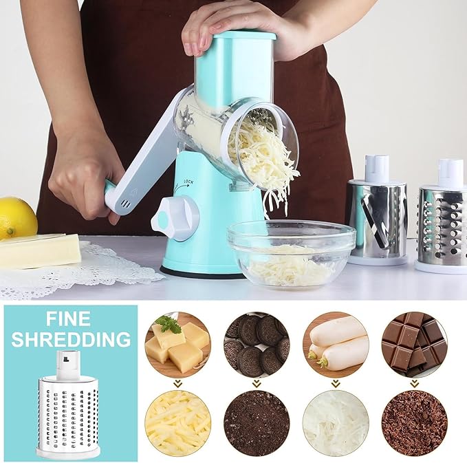 Cambom Rotary Cheese Grater Hand Crank Cheese Shredder for Fresh Cheese, Vegetable, Nuts,Non-slip Suction Base，Three Blades,Blue