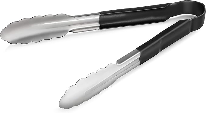 New Star Foodservice 35841 9-Inch Utility Spring Tongs, Stainless Steel, Vinyl Coated, Set of 12, Black