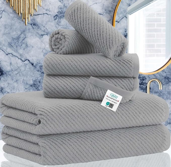 VOOVA & MOVAS 6PC Towel Set, 100% Cotton, Gray | 2 Large Bath 30x56 In, 2 Hand 18x28 In, 2 Washcloths 13x13 In, Quick Dry, Thick, Soft, Bathroom Essentials