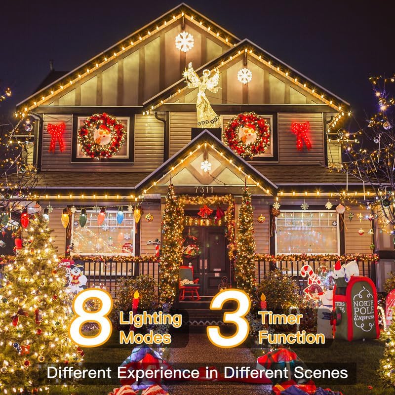 Ollny 198FT 600LED Outdoor Christmas Lights with Remote, 8 Modes Warm White
