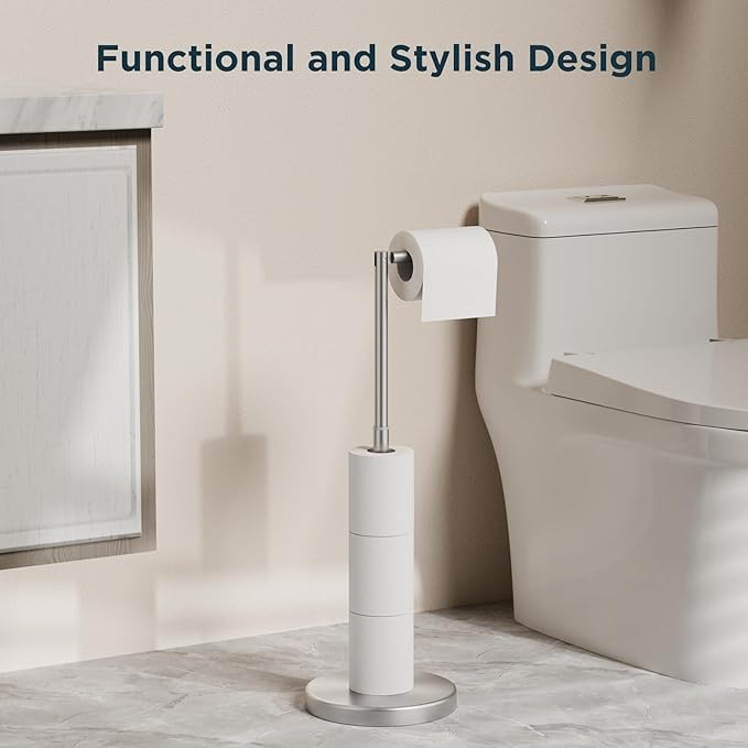 FORIOUS Toilet Paper Holder Stand Adjustable, Stainless Steel Freestanding Toilet Paper Holder with Storage, Bathroom Tissue Roll Stand Storage for 4 Rolls, Brushed Nickel