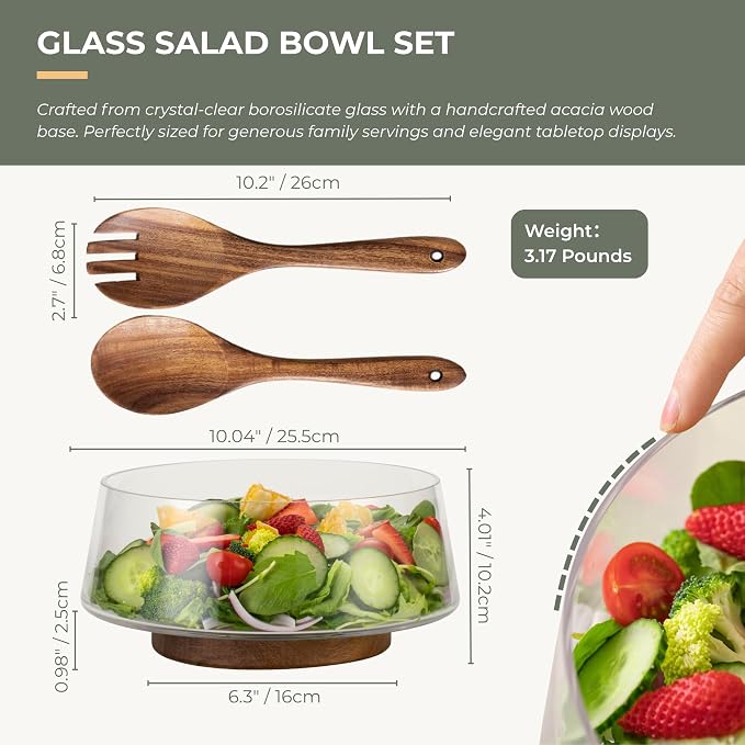 muso wood Salad Bowl Set Large-capacity Glass Salad Bowl with Acacia Wood Base and Salad Spoon-fork Perfect for Family Gatherings and Dinner Parties Mix Effortlessly