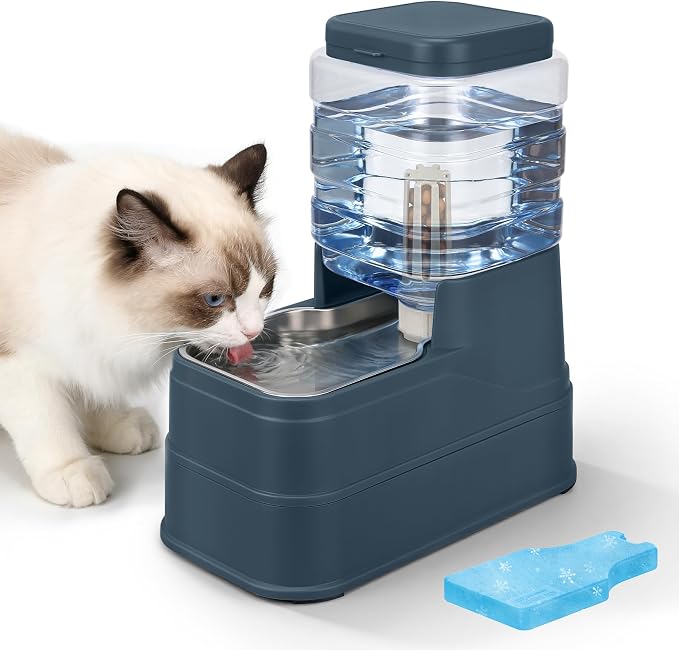 Automatic Cat Water Dispenser Gravity Stainless Steel Water Feeder Dog Waterer Feeder with Wide Mouth Bowl for Small Medium Dog Puppy Kitten (Filter &Ice Pack Included) 1Gallon Navy