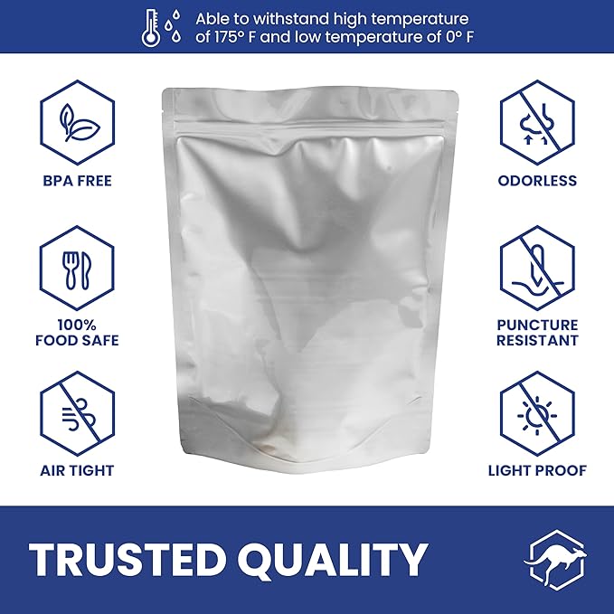 Wallaby 50 Count 1-Gallon Gusset Mylar Bags with Labels, 15 Mil Total Thickness Long-Term Food Storage Pouches, 14x10 Stand-Up Zipper Heat-Sealable Airtight Packaging - Silver