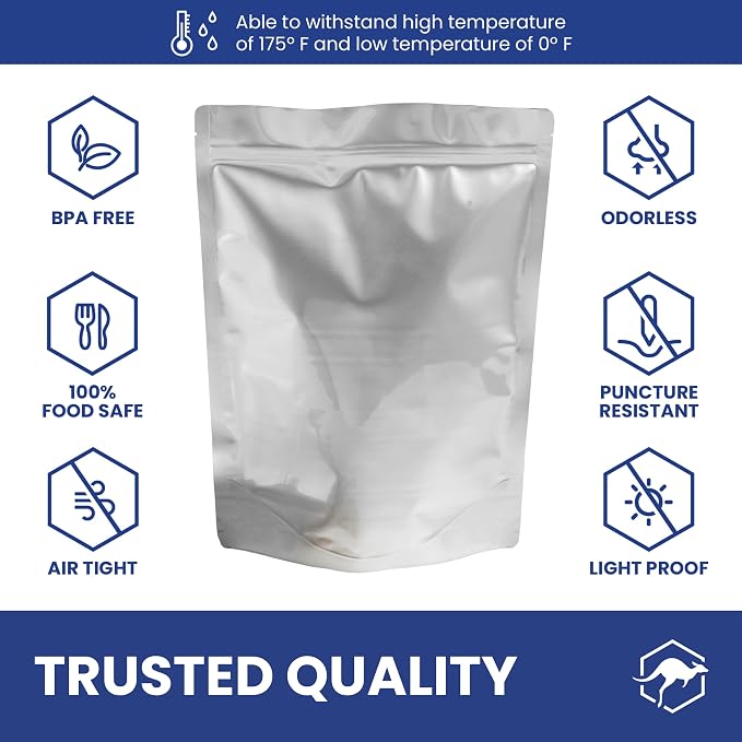 Wallaby 50 Count 1-Pint Gusset Mylar Bags with Labels, 11 Mil Total Thickness Long-Term Food Storage Pouches, 8x6 Stand-Up Zipper Heat-Sealable Airtight Packaging - Silver