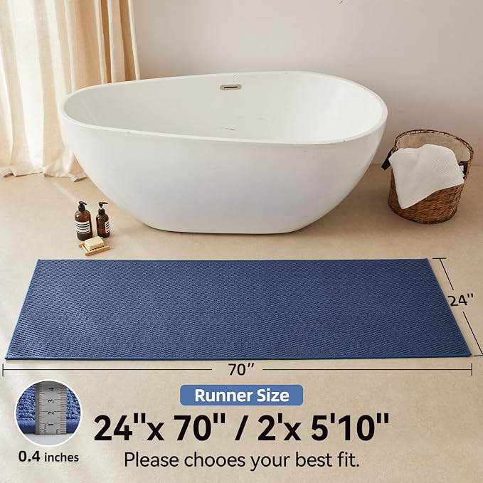 Triohero Bathroom Runner Rugs, Long Bath Mat Runner Washable Thin Quick Dry Low Pile Bathroom Runner Rugs Non Slip, Denim Blue 24"x70"