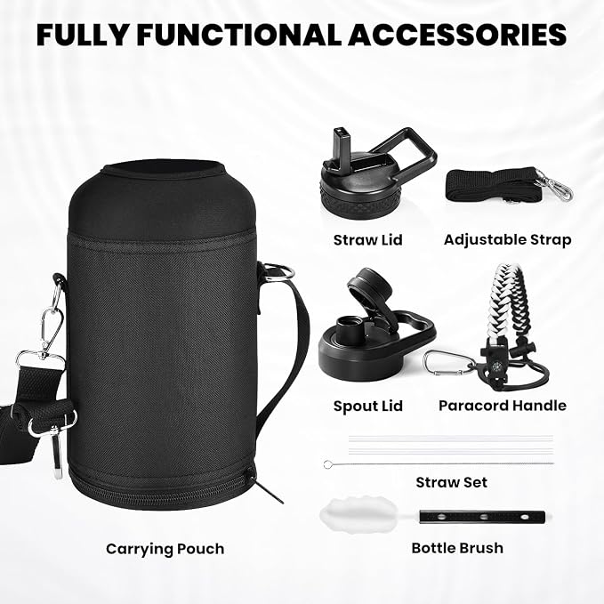 RAYMYLO Insulated Water Bottle 64 oz, Triple Wall Vacuum Stainless Steel (Cold for 48 Hrs), Leak Proof & Non-BPA, Half Gallon Water Flask Jug with Paracord Handle & Straw Spout Lids, White/Black