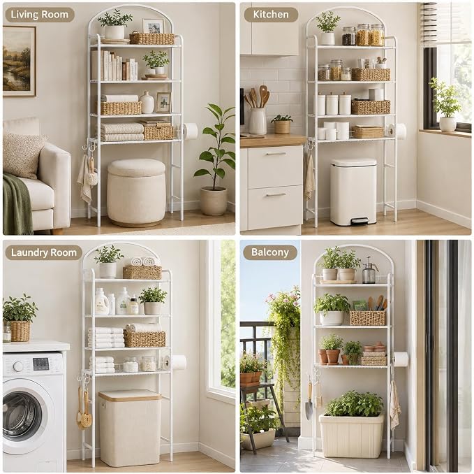 4-Tier Over The Toilet Storage, Bathroom Organizer, Space-Saving, 72" H Above Toilet Storage Rack with 4 Hooks and Paper Holder, Metal Shelf, White