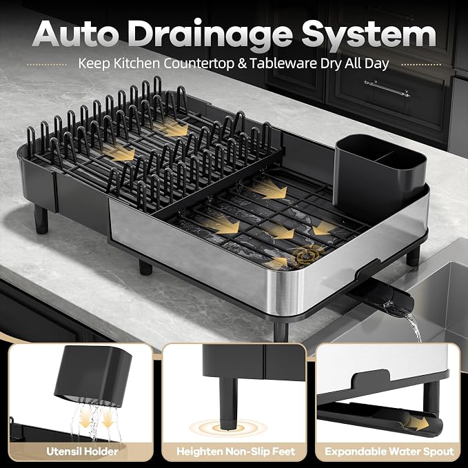 Urackify Stainless Steel Dish Drying Rack for Kitchen Counter,Black | Expandable 16.1" to 20.5", Large Capacity, Rustproof, Non-slip Feet, Adjustable Drain Pipe, Easy Assembly & Clean