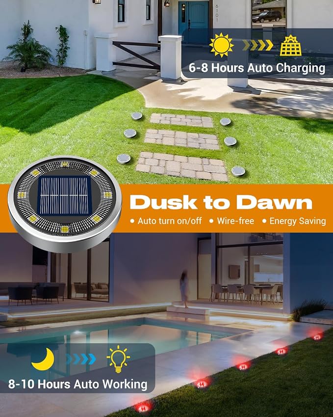 Btfarm 16 Pack Solar Lights Outdoor Waterproof, 8 LED Solar Ground Lights