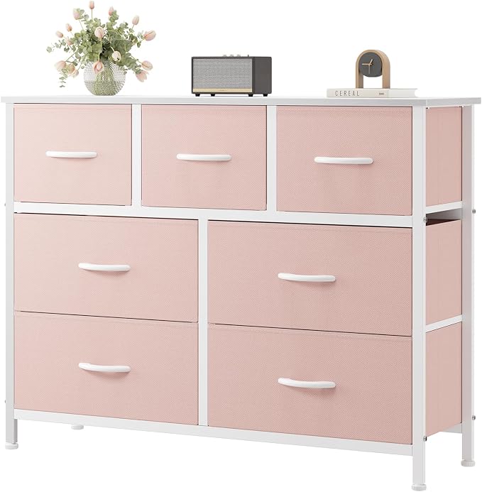 Sweetcrispy 7 Drawer Dresser with Fabric Bins, Fabric Storage Tower Organizer for Bedroom, Closet, Hallway, Entryway, Tall Chest of Drawers with Steel Frame, Wood Top, Large Storage, Pink