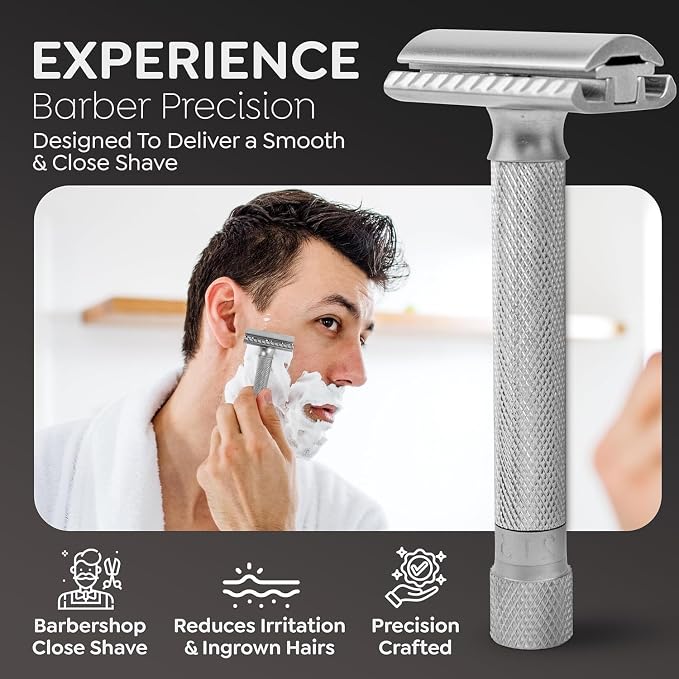 Parker THE VARIANT CLOSED COMB - ADJUSTABLE Double Edge Safety Razor, Customize your Shave with a Turn of the Dial from Mild to Aggressive - 5 Blades Included (SATIN CHROME) | Closed-Comb Head And Five Adjustable Settings Let Users Customize Comfort An...