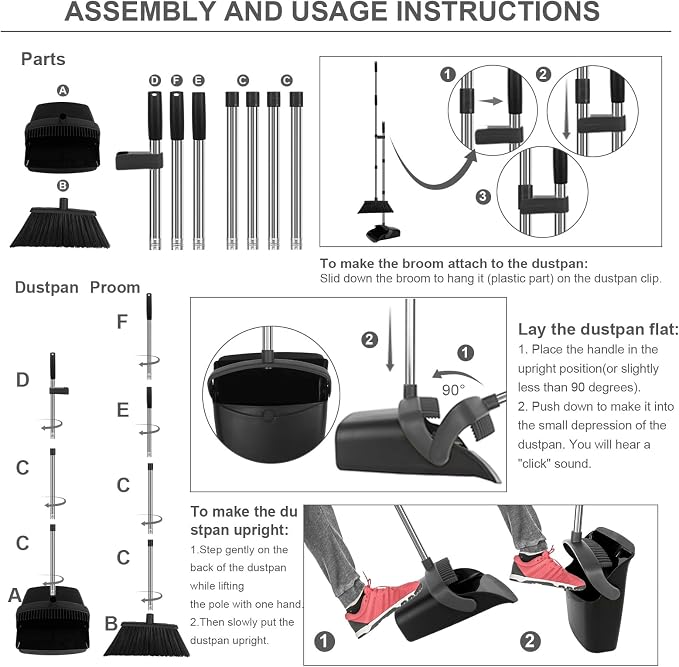 Broom and Dustpan Set, Heavy Duty Large Household Broom with Dustpan Combo Set, 55" Long Handle Black Dust Pan Kit for Kitchen Lobby Indoor Outdoor