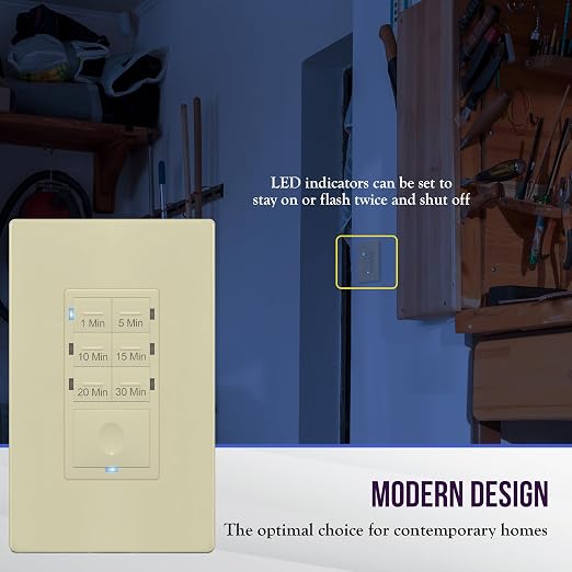 ENERLITES Countdown Timer Switch for bathroom fans and household lights, 1-5-10-15-20-30 Min Settings with Manual Override, Always On Blue LED, Neutral Wire Required, UL Listed, HET06A-R-I, Ivory