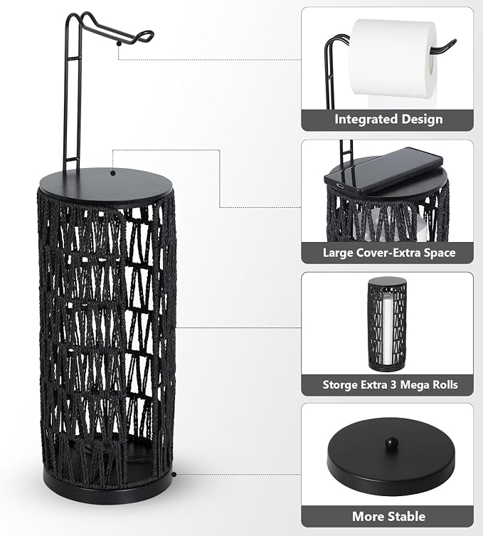 Black Freestanding Toilet Paper Holder with Storage,3 Rolls of Tissue Holder for Bathroom,Handmade Woven Toilet Paper Roll Holder Stand,Rattan Sturdy Boho Bathroom