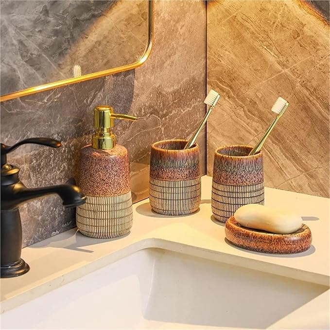 Bathroom Soap Dispenser Set Bathroom Accessories Retro Kiln Pattern Ceramics Hand Sanitizer Bottle Drain Soap Dish Mouthwash Cup Set Four-piece