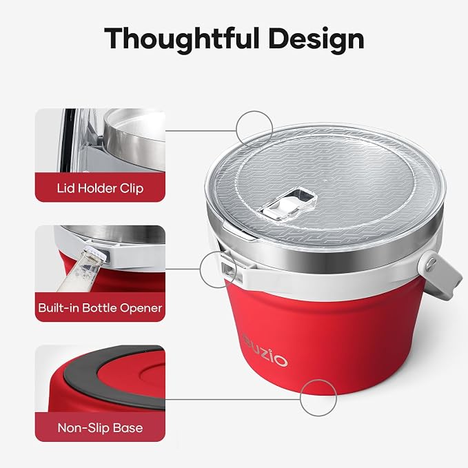 BUZIO 7.4 Qt/7 L Double Wall Insulated Ice Bucket with Lid Scoop & Tongs | Stainless Steel Beer Bucket for Party Cocktail Bar Champagne, Adjustable Shoulder Strap, Holds 6 Longnecks or 3 Wine Bottles