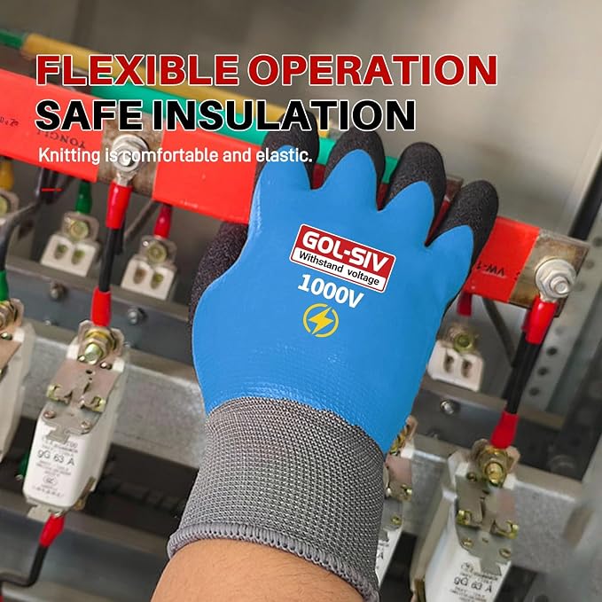 Electrician Gloves, 1000V ASTM D120 Certified, Blue Large | Double insulated.Class 0 rated.High voltage rubber safety work gloves for electrical maintenance & utility work.