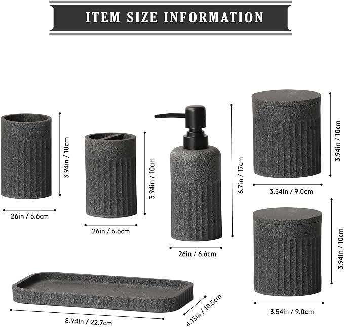 INIUNIK Bathroom Accessory Set - 6 Pieces Bathroom Accessories Set Complete with Soap Dispenser, Toothbrush Holders, Tumbler, Vanity Tray and 2 Qtip Holder for Home Organizer and Decor, Dark Grey