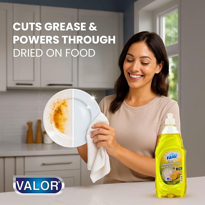 Valor Dishwashing Liquid, 25 fl oz – Dish Soap for Kitchen & Bathroom, Grease-Fighting, Gentle on Hands, Fast Rinse, Eco-Friendly Biodegradable Formula (25 fl oz (Pack of 12), Lemon)