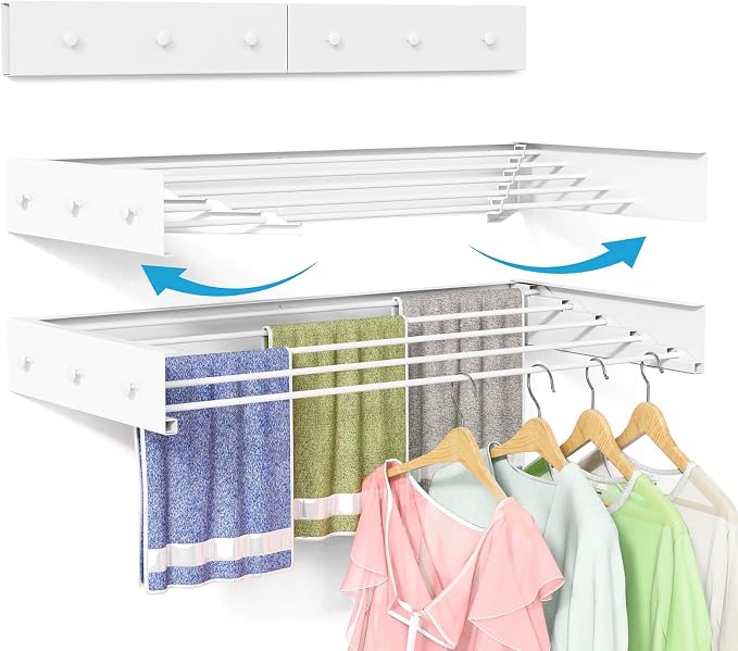 BAKON Wall Mounted Drying Rack 32'', Hidden Clothes Drying Rack for Indoor | Space Saving for Balcony Laundry Room Small Space, 60lbs Capacity, 6 Towel Hooks and 5 Rods, Invisible,Heavy Duty Metal