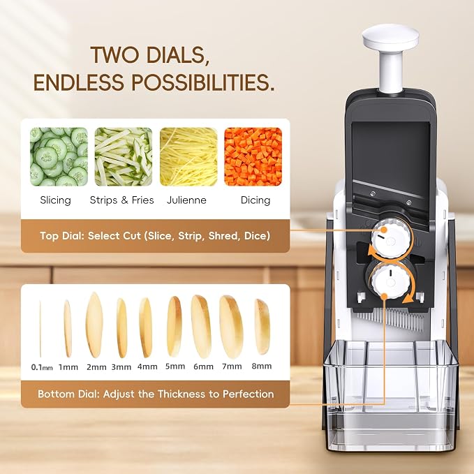 Vegetable Slicer with Adjustable Thickness, Easy to Clean Potato Mandoline Slicer with Container, Rapid Prep French Fry Veggie Cutter/Onion Slicer, Free Grater/Cleaning Brush (Gray)