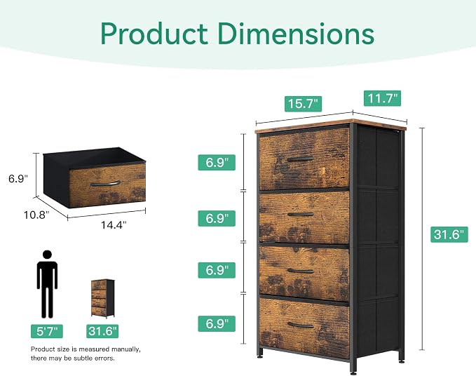 AODK Small Dresser for Bedroom with 4 Storage Drawers, Vintage | Dressers Chest of Drawers Fabric Dresser with Sturdy Steel Frame, Dressers for Closet with Wood Top