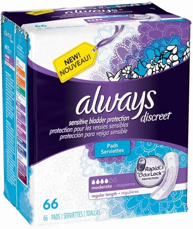 Always Discreet Incontinence Pads, Moderate, Regular Length, 66 Count - 2 Pack (Includes 132 Pads Total.)