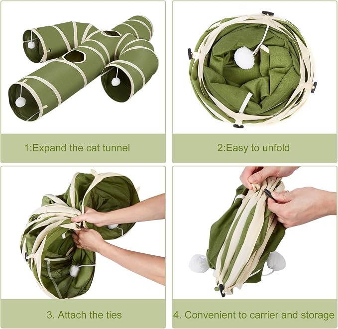 Ownpets Cat Tunnel Large 12 inch Diameter, Cactus-Shaped Cat Tunnel Toy, Sturdy Oxford Fabric Collapsible Cat Tunnels for Indoor Cats, Interactive Peek Hole Pet Tunnel Tube with Cat Wand Toy, Green