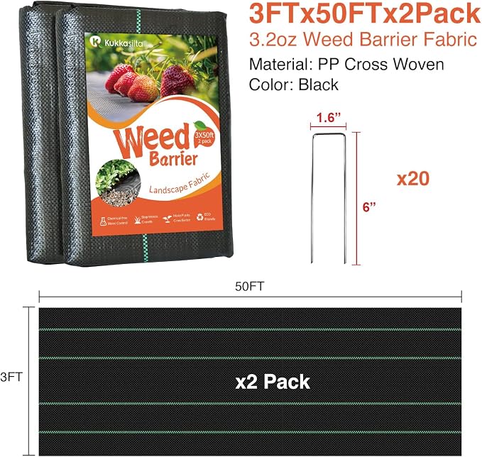 3ftx100ft Weed Barrier Landscape Fabric Heavy Duty | Premium 3.2oz Gardening Weed Control Mat,Ground Cover for Gardening,Farming with 20 U-Shaped Securing Pegs