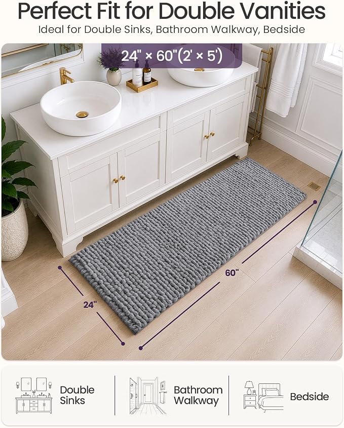 DEXI Bathroom Runner Rugs 60x24, Non Slip Washable Long Bath Mat, Luxury Chenille Super Absorbent Ultra Thick Bathmats for Shower Floor, Plush Fluffy Shaggy Carpet for Tub, Dark Grey