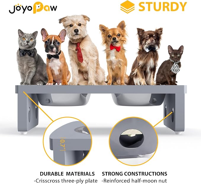 Elevated Dog Bowls, Bamboo Raised Dog Bowl for Dogs, with 2 Stainless Steel Bowls (Grey, Small: 4'' Tall-20oz Bowl)