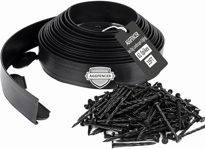 AggFencer Landscape Edging 4in Tall Garden Edging Borders No Dig 33ft | Flexible Landscaping Edging Kit for Flower Bed Lawn Yard Grass Black with 61 Pcs Spikes