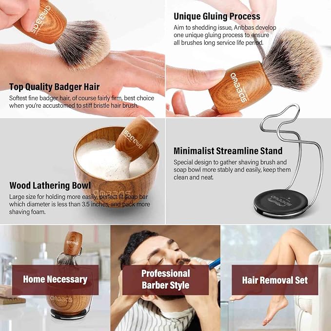 Anbbas Pure Badger Hair Shaving Brush Wood Handle and Large Soap Bowl with Stainless Steel Shaving Stand 3in1 Kit for Men