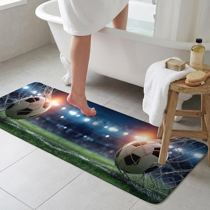 Football Bathroom Runner Rugs Non Slip Washable Absorbent Narrow Long Bath Mat Goal Net Soccer Sports Orange Blue Green Runner Rugs for Kitchen Hallway Bedroom Laundry Study Room 31.5"x63"