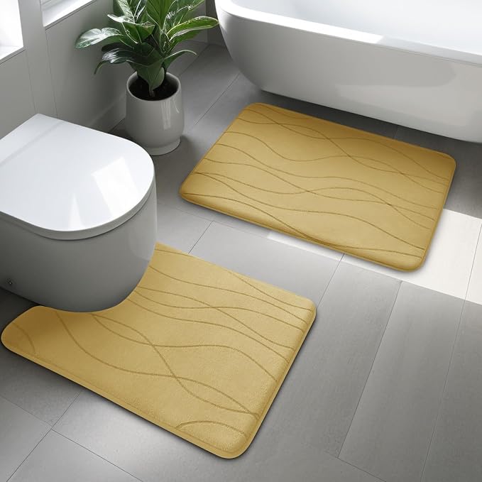 YIHOUSE Bathroom Rugs Set 2 Piece, Memory Foam Bath Mat Beige | U Shaped+Small Mat, Ultra Soft, Absorbent, Non-Slip, Machine Washable, for Bathroom, Sink and Toilet