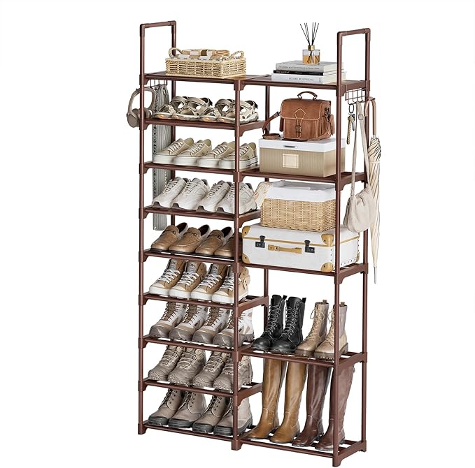 WOWLIVE 9 Tiers Large Shoe Rack Brown Shoe Rack Organizer for Closet 30-35 Pairs Stackable Heavy Duty Shoe Shelf Shoe Storage with Metal Pipes Plastic Connectors