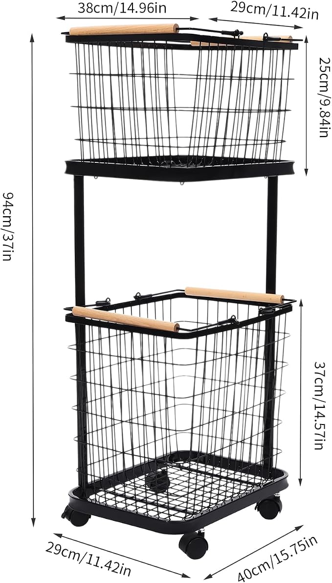 2 Tier Laundry Basket, Removable Metal Wire Laundry Cart with 4 Universal Wheels Rolling Laundry Basket Floor Standing Clothing Garment Sorting Hamper Organizer Load Bearing Capacity 88.18 lbs (Black)