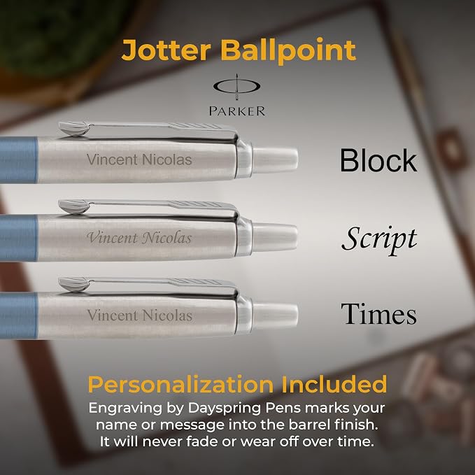 Parker Jotter Ballpoint Pen, Waterloo Blue, Personalized Laser Engraving, Blue Ink, Official Parker Gift Box, Graduation and Retirement Gift for Men and Women