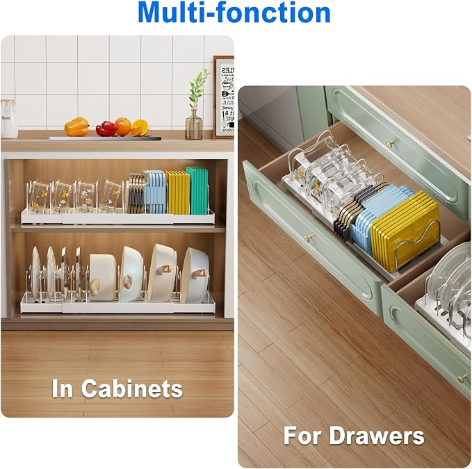 Mustorn 2 Pack Pots and Pans Organizer Under Cabinet, 22" Expandable Food Storage Container Lid Organizers with 9 Adjustable Dividers Pot and Pan Lid Holders Rack Inside Cabinet/Countertop(White)