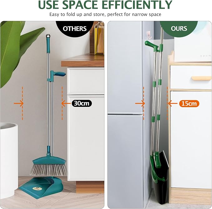 Broom and Dustpan Set with Long Handle, Light Weight Stainless Steel Poles Stand Upright Dustpans with Broom Combo for Home Kitchen Office Pet Dog Hair, 1-Pack(Black Green)