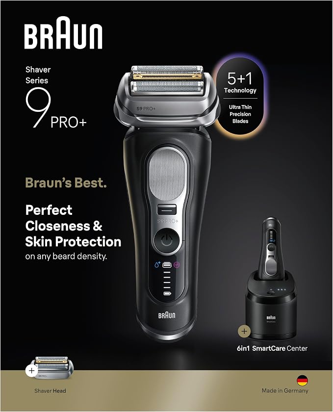 Braun Series 9 PRO+ Electric Shaver for Men, Wet & Dry Foil Razor, 6-in-1 SmartCare Center, Built-in Precision ProTrimmer, Replacement Head, Travel Case, Black 9660CCPS