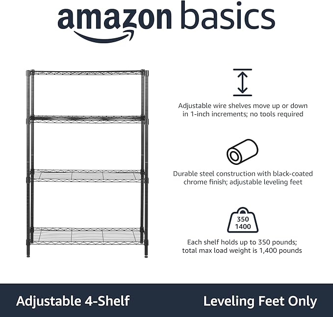 Amazon Basics 4-Shelf Adjustable Heavy Duty Steel Wire Rack Storage Shelving, Sturdy Garage Shelving, 350 lbs Capacity Per Shelf, Easy No-Tool Assembly, 36" x 14" x 54", Black