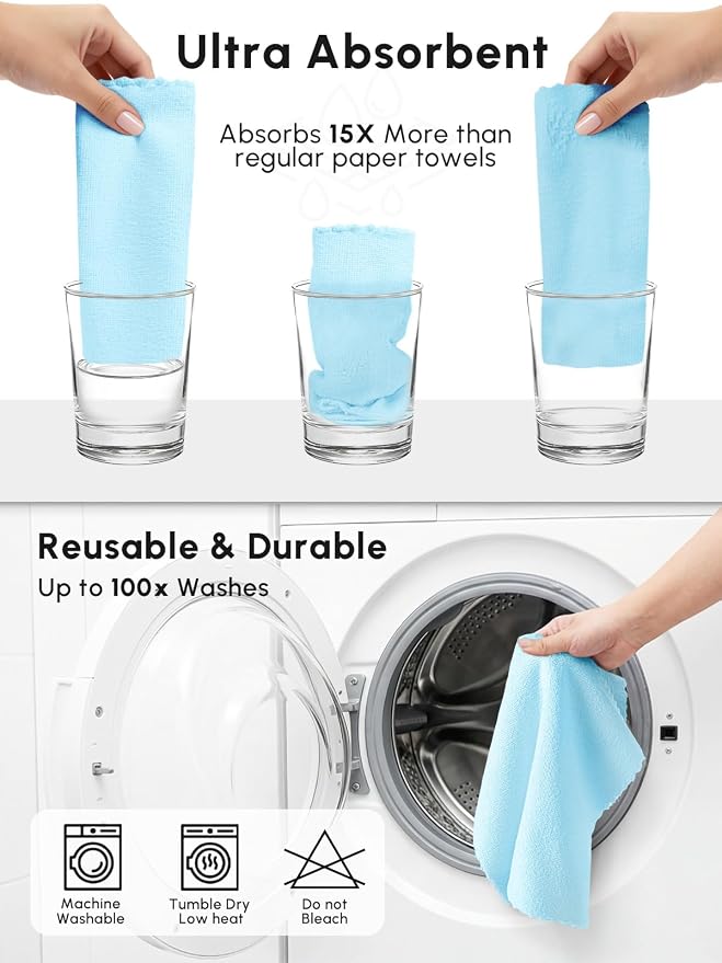 Microfiber Cleaning Cloths Roll, 225 Pack Tear Away Microfiber Towels Roll, 12" x 12" Lint Free Rags, Reusable Cleaning Cloths, Washable, Scratch Free,Ultra Absorbent Dish Rags(Blue)