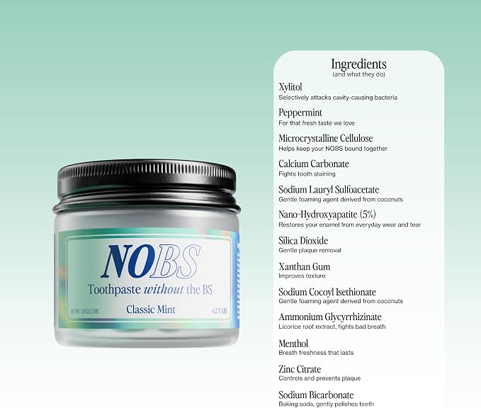 NOBS (No Bad Stuff) Toothpaste Tablets - Nano Hydroxyapatite, Fluoride & Plastic Free, Eco & Travel Friendly - Remineralize with NHA (1 Month) (Pack of 3)