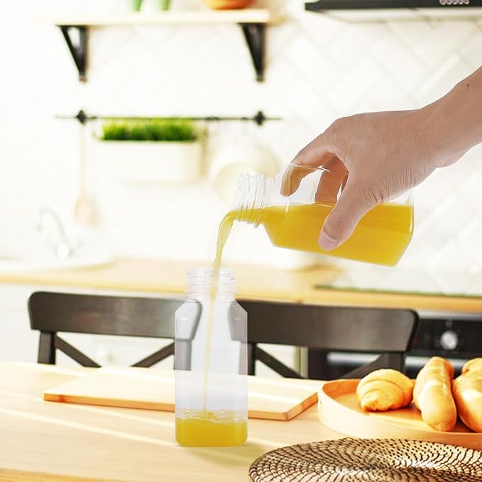 OBKJJ Plastic Juice Bottles 150 pcs 8 oz Empty Plastic Water Bottles with Caps Reusable Clear Beverage Containers for Drinking, Juicing, Smoothie, Water with 2 Brushes, 2 Funnels, 160 Stickers (8 OZ)