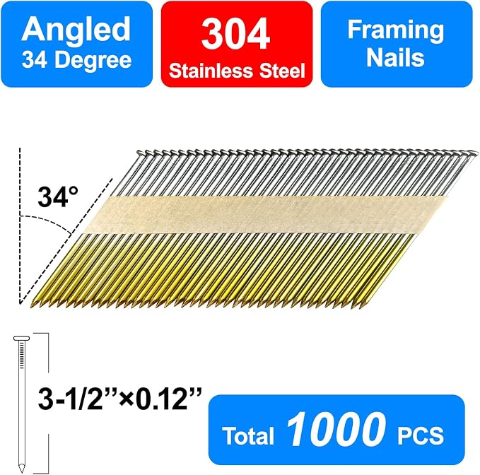 34-30 Degree 3-1/2 Inch Smooth Shank Paper Framing Nails,1000-Pack | 304 Stainless Steel D Head Tape Strip Nails for 30 to 34 degree Framing Nailer,fits indoor and outdoor building projects