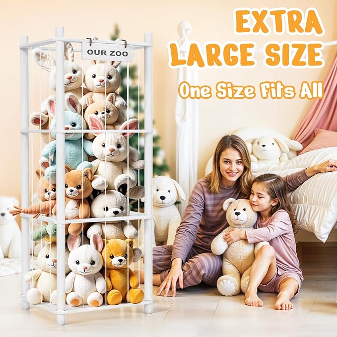 Woodure Stuffed Animal Storage & Organizer, Wooden Cute Zoo Toy Holder for Toddler Rooms, Playrooms & Bedrooms（White）