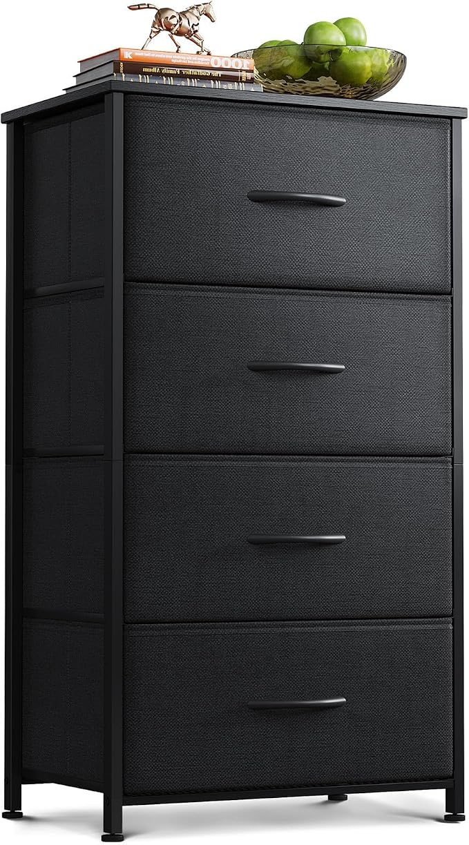 AODK Small Dresser for Bedroom with 4 Storage Drawers, Black | Dressers Chest of Drawers Fabric Dresser with Sturdy Steel Frame, Dressers for Closet with Wood Top