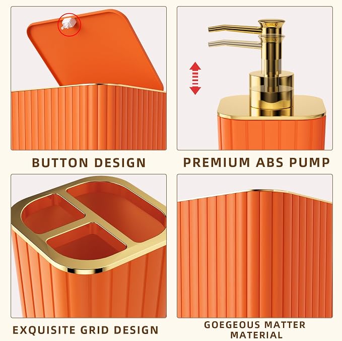XLHOMO Bathroom Accessories Set - 25PC Bathroom Sets with Shower Curtain and Rugs, Orange Bathroom Accessories with Trash Can, Soap Dispenser, Soap Dish & Toilet Brush
